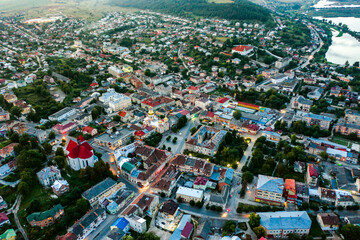 Fototapeta na wymiar Aerial evening city of Berezhany