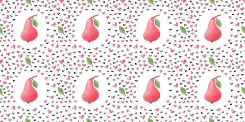 Watercolor Seamless pattern with red pears, leaves and red and black hearts on white background. Tender and colorful design perfect for Saint Valentine's decorations (cards, wrapping paper, textile)