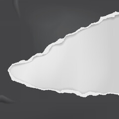 Piece of torn, ripped crumpled black paper with soft shadow is on grey background for text. Vector illustration
