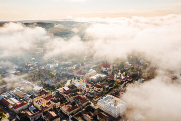 Aerial Morning city of Berezhany in the Fog