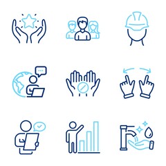People icons set. Included icon as Graph chart, Customer survey, Move gesture signs. Ranking, Foreman, Medical tablet symbols. Washing hands, Teamwork line icons. Growth report, Contract. Vector