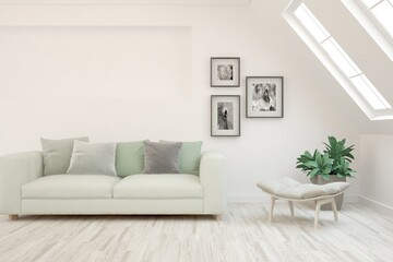 White living room with sofa. Scandinavian interior design. 3D illustration