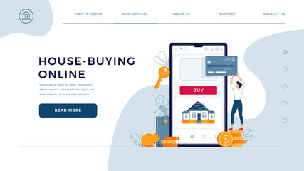 Obraz na płótnie Canvas House-buying online homepage template. Man buys property, paying by credit card. mortgage, home purchase, house loan vector illustration for web design. Tiny people concept, modern flat cartoon style