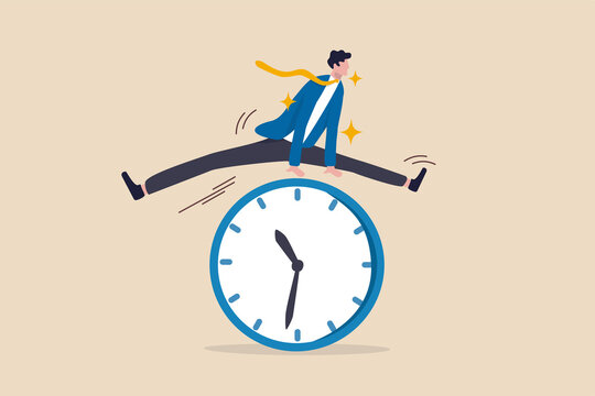 Smart Time Management, Success In Work Strategy On Business Deadline Or Working Time Efficiency Concept, Smart Happy And Confidence Businessman Employee Worker Jump Over Time Passing Clock.