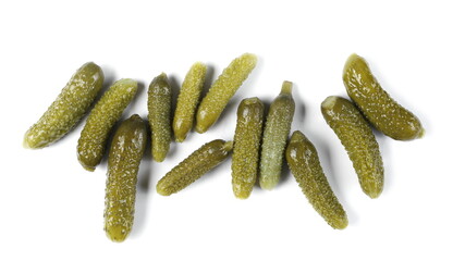 Pickled gherkin pile, pickles isolated on white background, top view