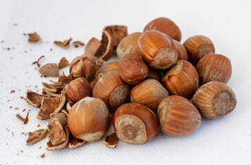 Hazelnuts, some of them shelled, on a white background.