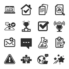 Set of Education icons, such as Winner podium, Job interview, Rfp symbols. Blog, Analytics graph, Checkbox signs. Documents, Chemistry lab, Microphone. New mail, Quick tips, Web analytics. Vector