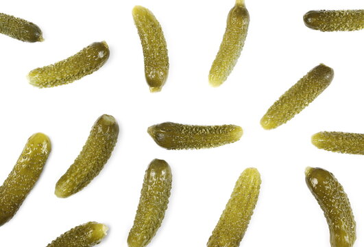 Pickled Gherkin Pile, Pickles Isolated On White Background, Top View Pattern