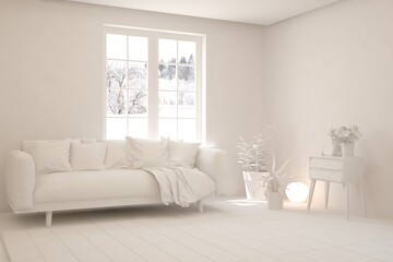 White minimalist living room with sofa. Scandinavian interior design. 3D illustration