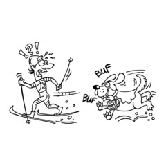 Bernardine dog with a barrel of rum on his neck chasing cross-country skier, black and white cartoon