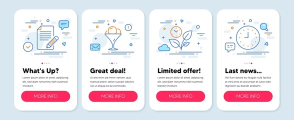 Set of Business icons, such as Leaves, Ice cream, Article symbols. Mobile screen banners. Clock line icons. Grow plant, Sundae in glass, Feedback. Time or watch. Leaves icons. Vector