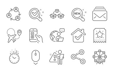 Ferris wheel, Parcel shipping and Mail line icons set. New products, Time and Scroll down signs. Share, Loyalty ticket and Teamwork symbols. Mobile survey, Chemistry lab and Airplane. Vector