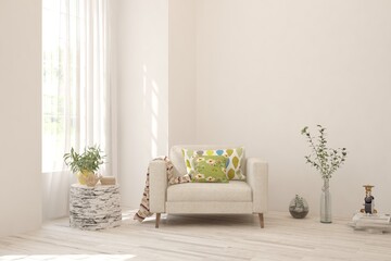 White living room with armchair. Scandinavian interior design. 3D illustration