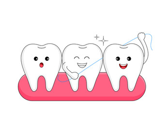 Cute cartoon tooth character with dental floss. Dental care concept. Human body part, vector illustration.