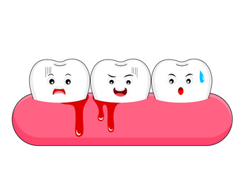 Cute cartoon tooth character with gum problem. Dental care concept, gingivitis and bleeding. Vector Illustration.