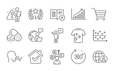 Fototapeta na wymiar Graph chart, Agent and Clean t-shirt line icons set. 360 degrees, Reject book and International recruitment signs. Quiz test, Breathing exercise and Medical drugs symbols. Line icons set. Vector