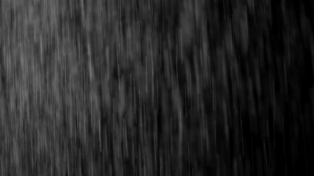 4k (UHD) Loop Rain Drops Falling Alpha, Drizzle Water Rain, High quality, Slow Rain, Thunder, speedy, night, Dramatic, Sky Drops, shower, rainfall. Overlay, isolated Black Background.