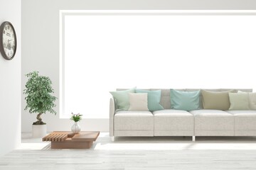 White living room with sofa. Scandinavian interior design. 3D illustration