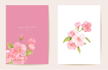 Wedding invitation sakura, cherry flowers, leaves card. Realistic floral spring template vector. Botanical Save the Date