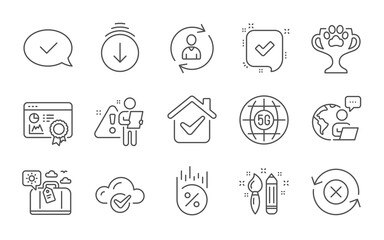 Fototapeta premium Travel luggage, Creativity and Person info line icons set. 5g internet, Reject refresh and Approved message signs. Loan percent, Confirmed and Seo certificate symbols. Line icons set. Vector