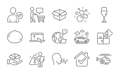 Swipe up, Breathing exercise and Opened box line icons set. Buyer think, Clean bubbles and Car travel signs. Medical helicopter, Puzzle and Macadamia nut symbols. Line icons set. Vector