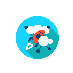 Creative inspiration flat icon. Rocket launching in information sky sign. Concept of artistic insight and productive idea. Color vector illustration with shadow for web and business