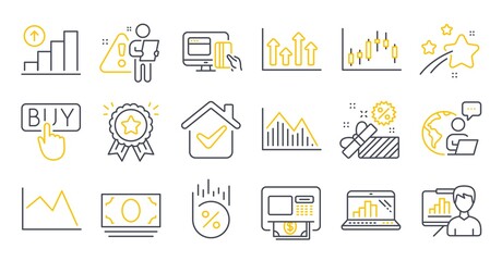Set of Finance icons, such as Buying, Online payment, Line chart symbols. Loyalty award, Sale, Investment graph signs. Presentation board, Candlestick graph, Upper arrows. Cash money, Atm. Vector