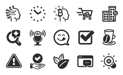 Bitcoin think, Organic product and Artificial intelligence icons simple set. Time, Innovation and Loan house signs. Yummy smile, Checkbox and Shopping cart symbols. Flat icons set. Vector