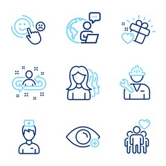 People icons set. Included icon as Doctor, Women headhunting, Friendship signs. Recruitment, Love gift, Farsightedness symbols. Customer satisfaction, Repairman line icons. Line icons set. Vector