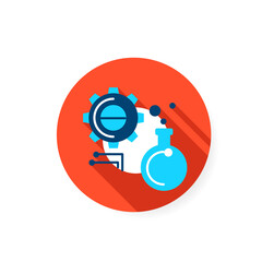 Experiment flat icon. Glass bulb with gear and information link sign. Creative idea test, scientific research and product evaluation concept. Color vector illustration with shadow