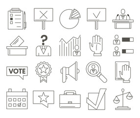 Politics related set of vector icons. Collection of symbols for voting, presidential election and debate. Political signs.