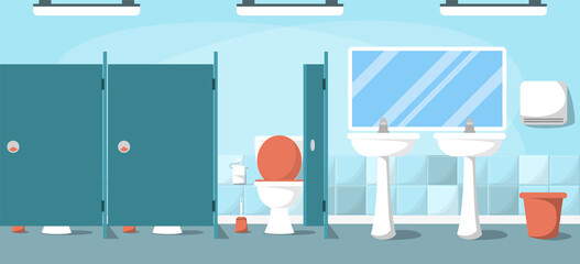 Public toilet. Interior of a clean empty sanitary room. Modern ceramic lavatory. Sink and mirror, toilet paper and seats in a row.