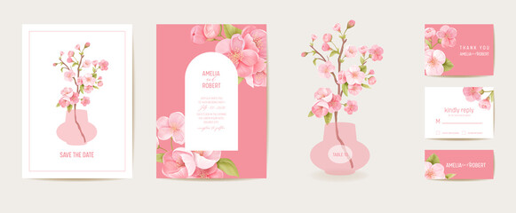 Sakura invitation vector card. Wedding cherry botanical Save the Date set. Design template of flowers and leaves © wooster