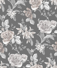 Seamless pattern with spring flowers and leaves. Drawn floral pattern for wallpaper or fabric. Flower rose. Botanic Tile.