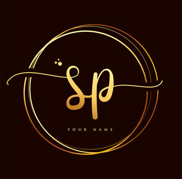SP Initial handwriting logo golden color. Hand lettering Initials logo branding, Feminine and luxury logo design isolated on black background.