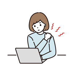 パソコンの前で肩こりに悩む女性