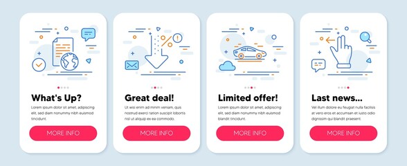 Set of Business icons, such as Low percent, Internet document, Car symbols. Mobile screen banners. Touchscreen gesture line icons. Discount, Web page, Transport. Slide left. Low percent icons. Vector