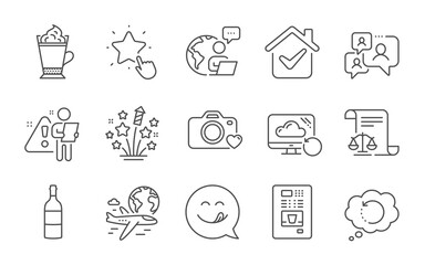International flight, Latte coffee and Support chat line icons set. Ranking star, Recovery data and Fireworks stars signs. Photo camera, Yummy smile and Coffee vending symbols. Line icons set. Vector