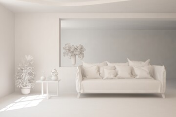 White minimalist living room with sofa. Scandinavian interior design. 3D illustration