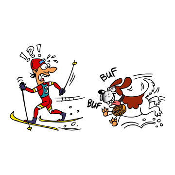 Bernardine dog with a barrel of rum on his neck chasing cross-country skier, color cartoon
