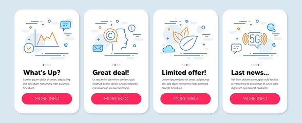 Set of Science icons, such as Diagram, Organic product, Writer symbols. Mobile screen mockup banners. 5g wifi line icons. Growth graph, Leaves, Copyrighter. Wireless internet. Diagram icons. Vector