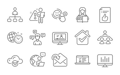 Music making, Customer satisfaction and Online video line icons set. Management, Approved document and Receive mail signs. Web lectures, Cloud computing and Conversation messages symbols. Vector