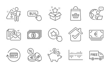 Loyalty star, Loyalty program and Accounting report line icons set. Refund commission, Saving money and Column diagram signs. Payment, Currency exchange and Online buying symbols. Vector