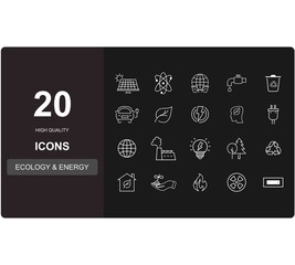 ecology thin line icons set. Vector set of 20 icons and sign in mono line style - concepts related to ecology and environment, thinking green and caring about the planet and nature