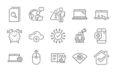 Search files, Laptop and 5g wifi line icons set. Notebook service, Swipe up and Cloud computing signs. Medical phone, Security network and Scroll down symbols. Line icons set. Vector