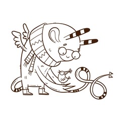 Card with  cute cartoon monster and bird. Funny fairy animal print. Line art doodle creature poster. Illustration for children.