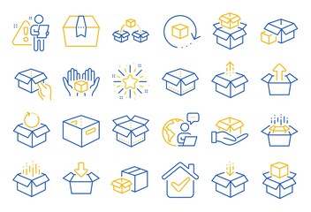 Box line icons. Package, delivery boxes, cargo box. Cargo distribution, export boxes, return parcel icons. Shipment of goods, purchase container, open package. Logistics goods. Line icon set. Vector