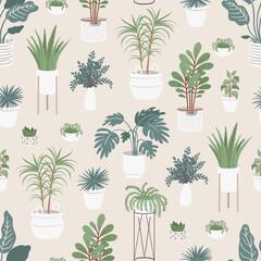 Vector colorful seamless pattern with indoor plants and flowers. Background on the theme of nature, flora, botany. Flat art for use in design