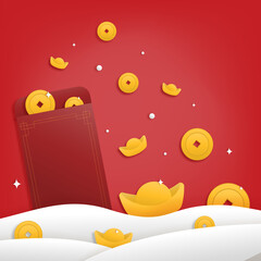 2021 Chinese New year greeting card with lucky coin and ingots in envelope paper art style on red background. 
