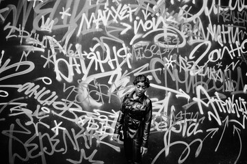 Fashionable beautiful african american woman posing in black leather jacket and pants at street against graffiti wall.